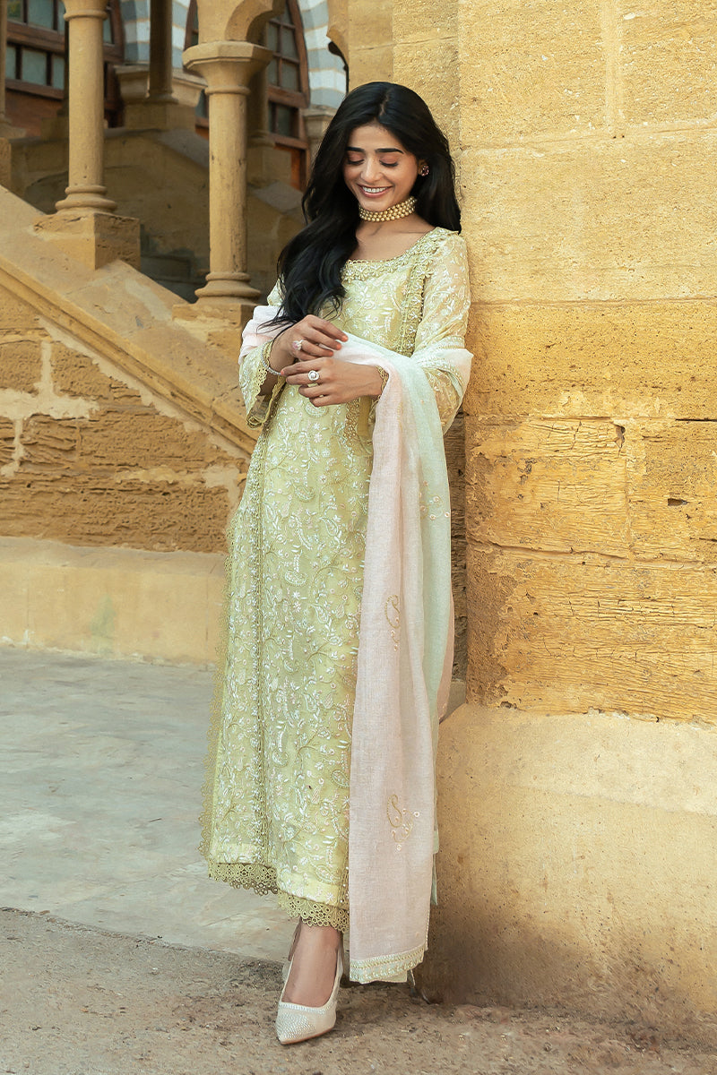 Mushq | Saugaat City of Lights | Faryal L Pastel Yellow Cotton Net