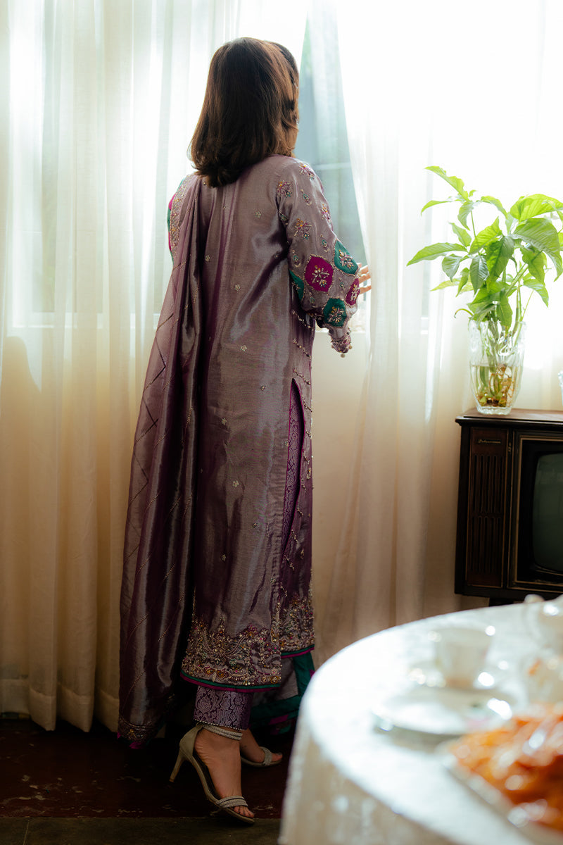 Mushq | Sunehri Resham Edit | AAIDAH S Pinkish Gray Satin Zari