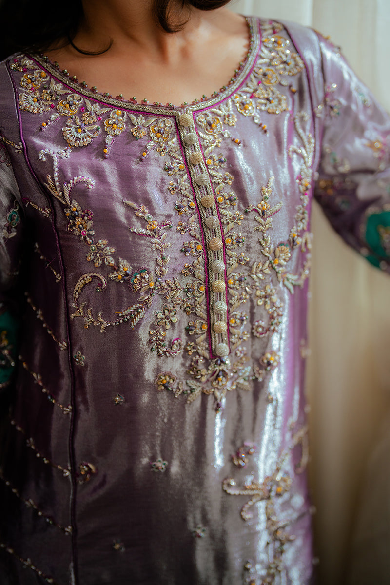 Mushq | Sunehri Resham Edit | AAIDAH M Pinkish Gray Satin Zari