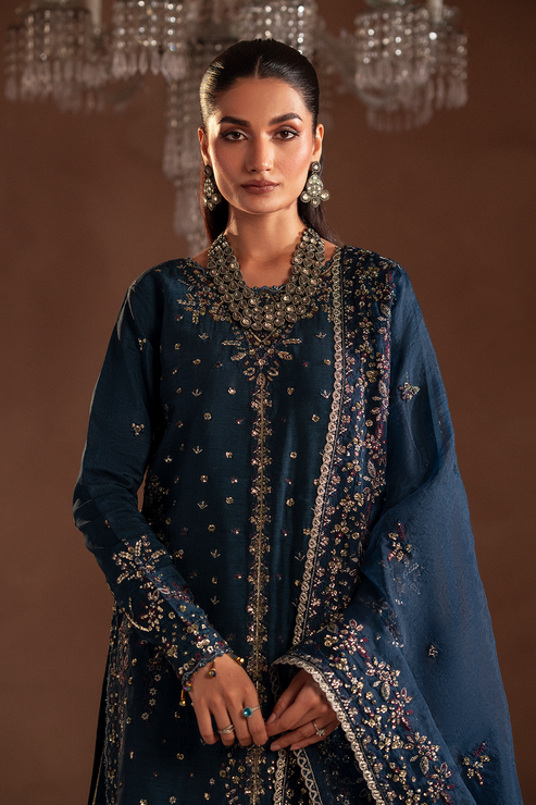 Emaan Adeel | Selene Formals | ELISIA L Navy Blue Korean Raw Silk