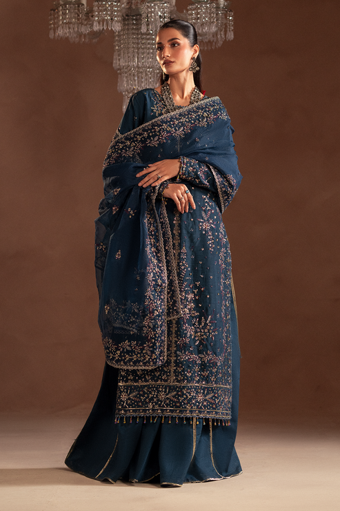 Emaan Adeel | Selene Formals | ELISIA XL Navy Blue Korean Raw Silk