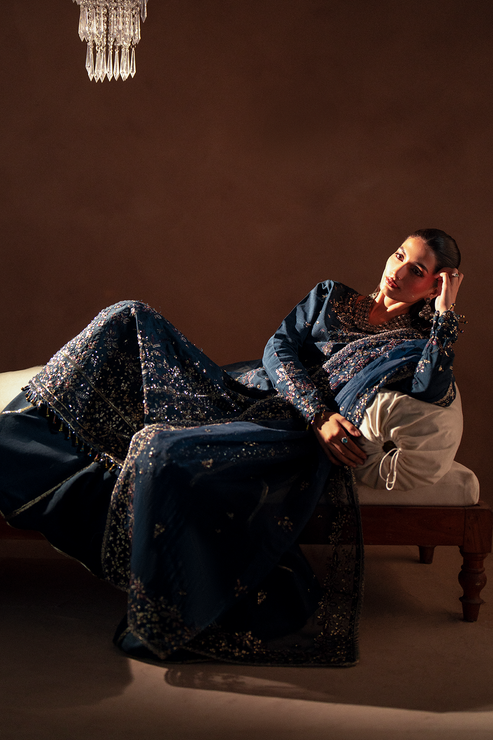 Emaan Adeel | Selene Formals | ELISIA Custom Size Navy Blue Korean Raw Silk
