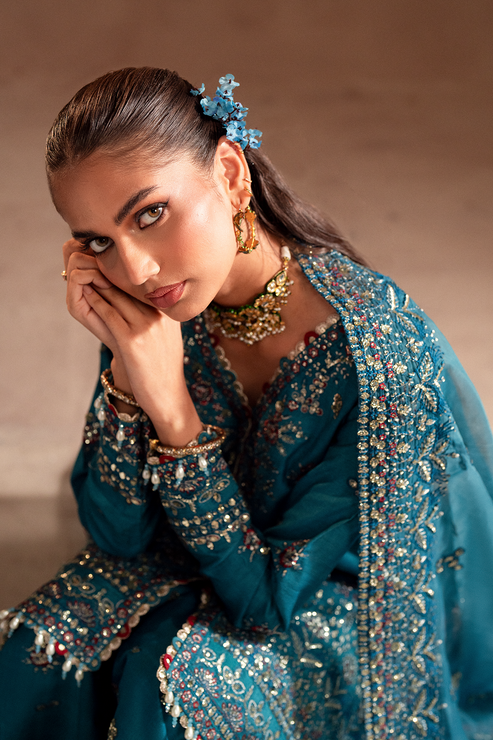 Emaan Adeel | Selene Formals | MIRELLE M Teal Blue Korean Raw Silk