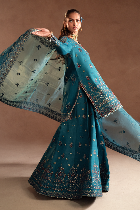 Emaan Adeel | Selene Formals | MIRELLE XL Teal Blue Korean Raw Silk