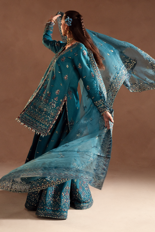 Emaan Adeel | Selene Formals | MIRELLE Custom Size Teal Blue Korean Raw Silk