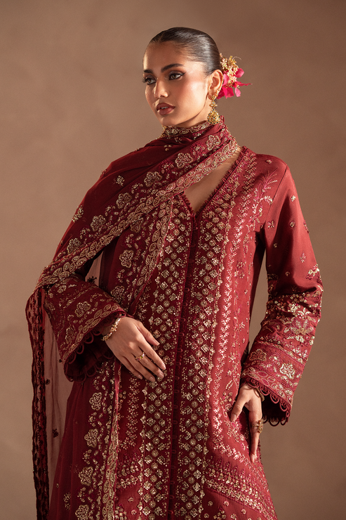 Emaan Adeel | Selene Formals | ELYRA L Maroon Korean Raw Silk