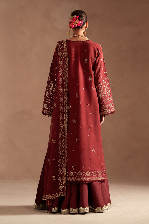 Emaan Adeel | Selene Formals | ELYRA S Maroon Korean Raw Silk