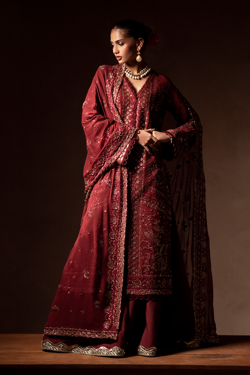 Emaan Adeel | Selene Formals | ELYRA XL Maroon Korean Raw Silk