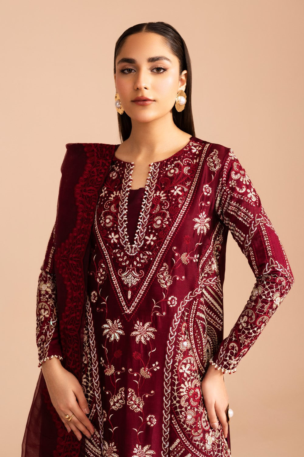 Maryum N Maria | Iris Formals | JHEEL - MW40013 L Crimson Organza Silk