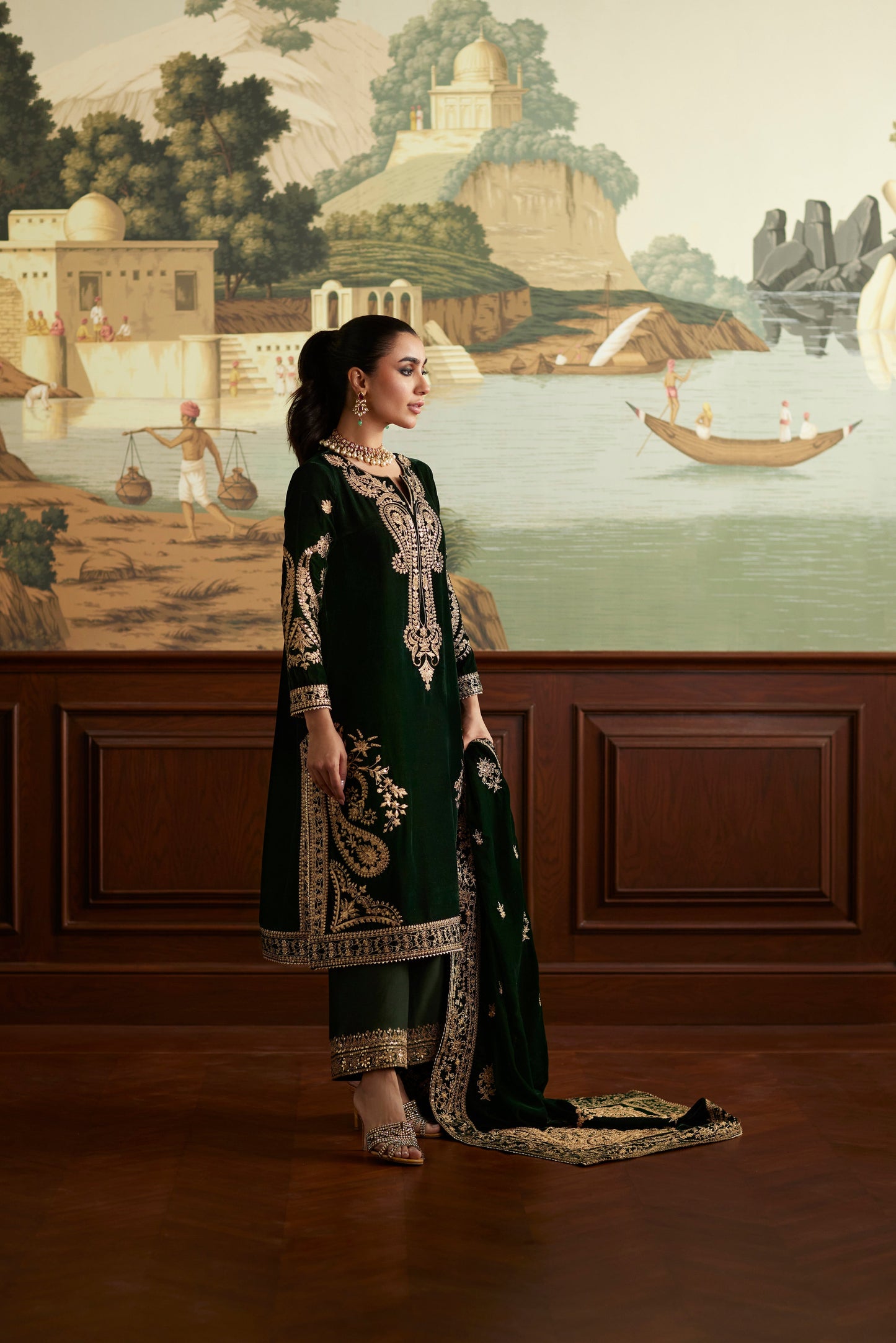 Mina Hassan | Velvet Luxe | Zehra L Bottle Green Velvet