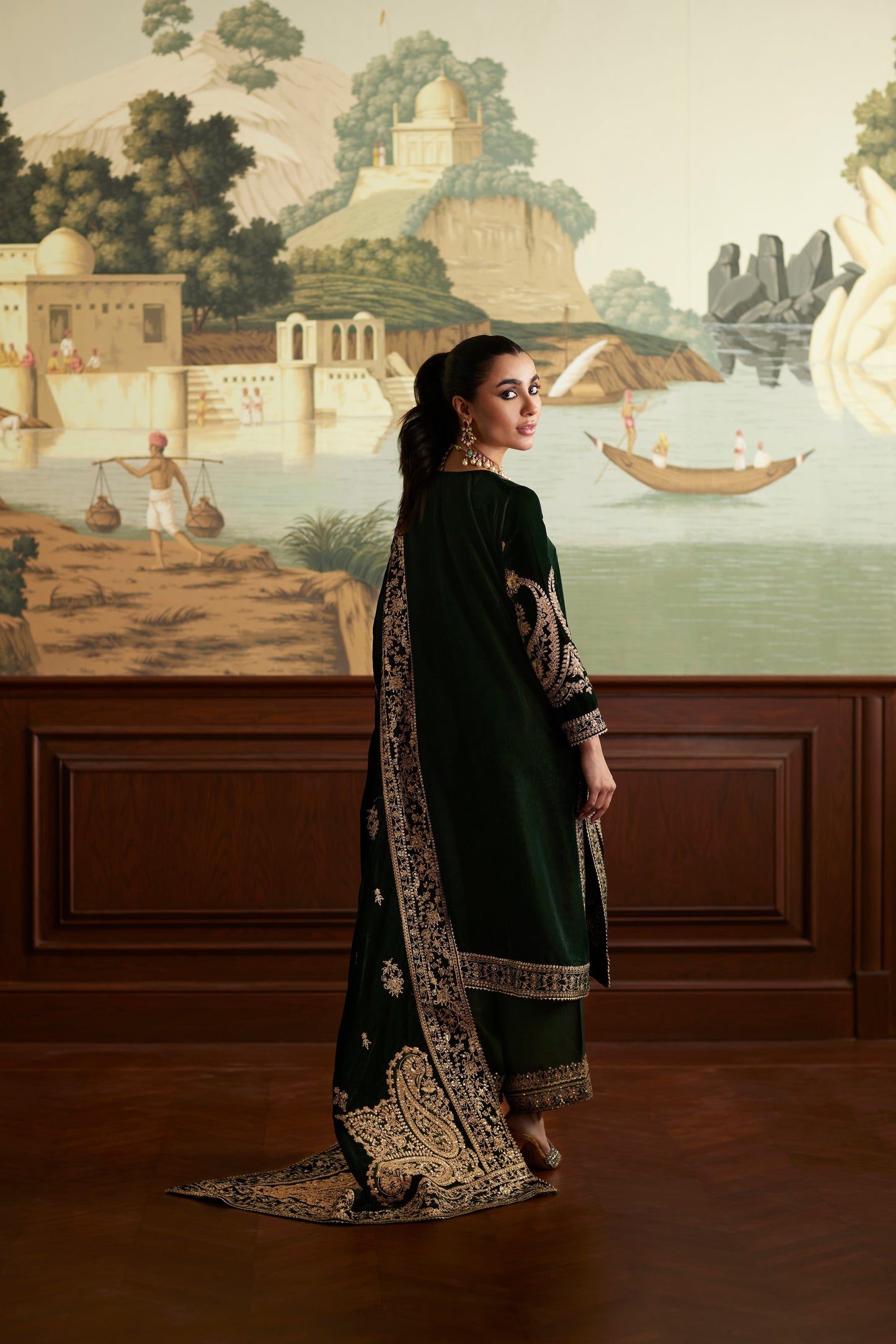 Mina Hassan | Velvet Luxe | Zehra S Bottle Green Velvet