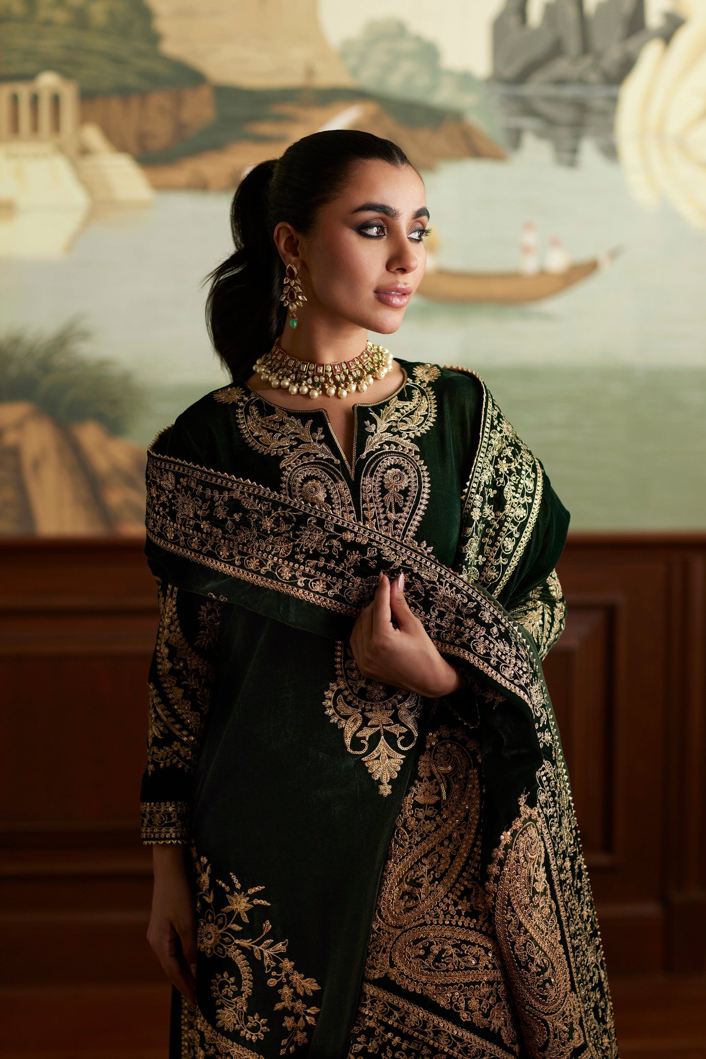 Mina Hassan | Velvet Luxe | Zehra M Bottle Green Velvet