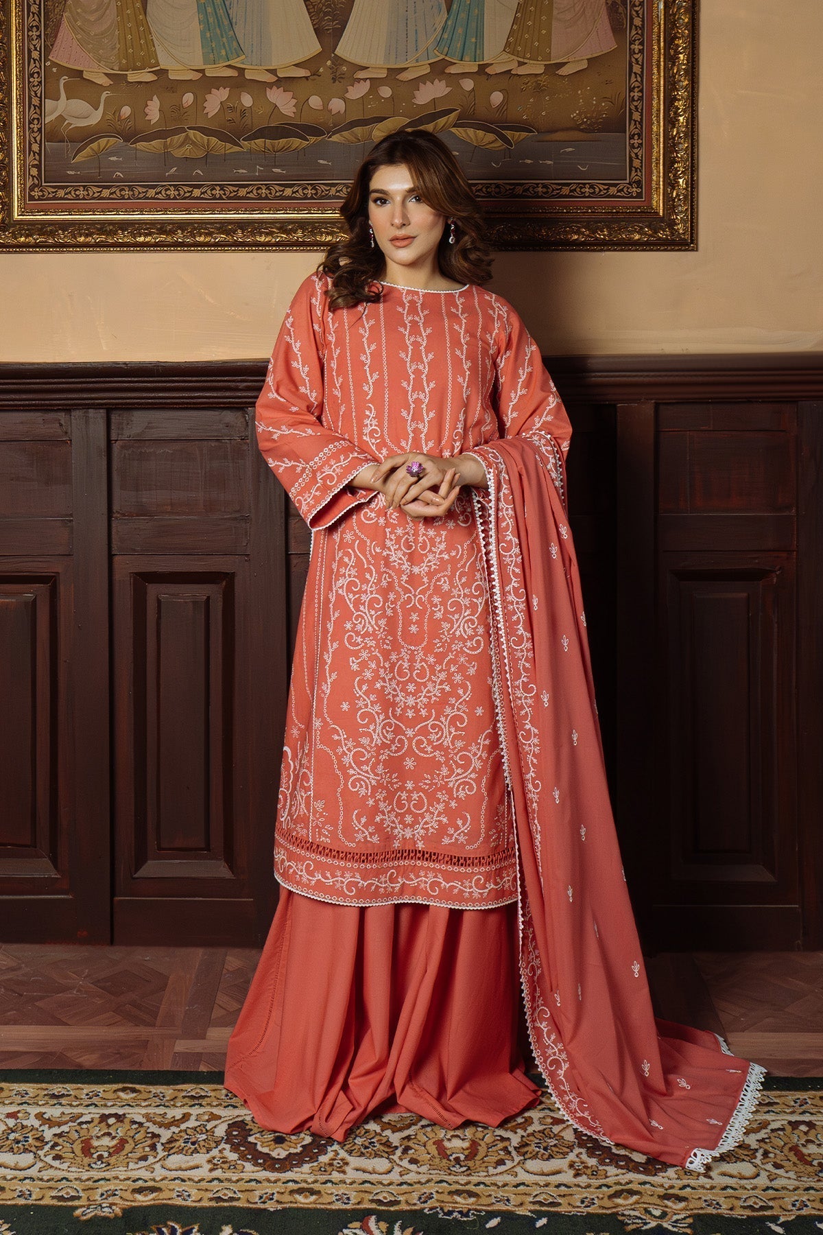 Sahar | Festive Edit Ready to Wear | Gilded Coral - RTW S Coral Lawn