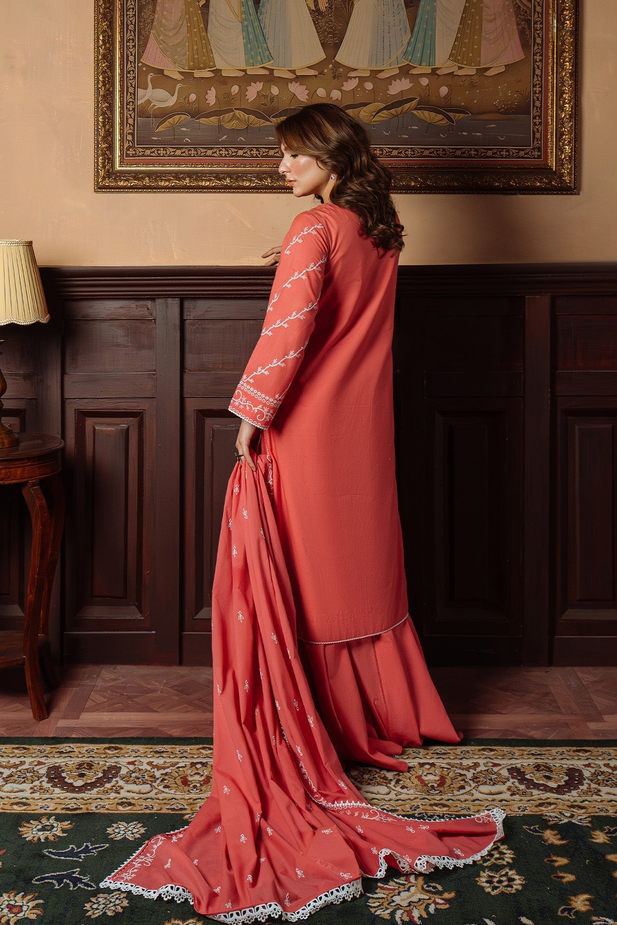 Sahar | Festive Edit Ready to Wear | Gilded Coral - RTW M Coral Lawn