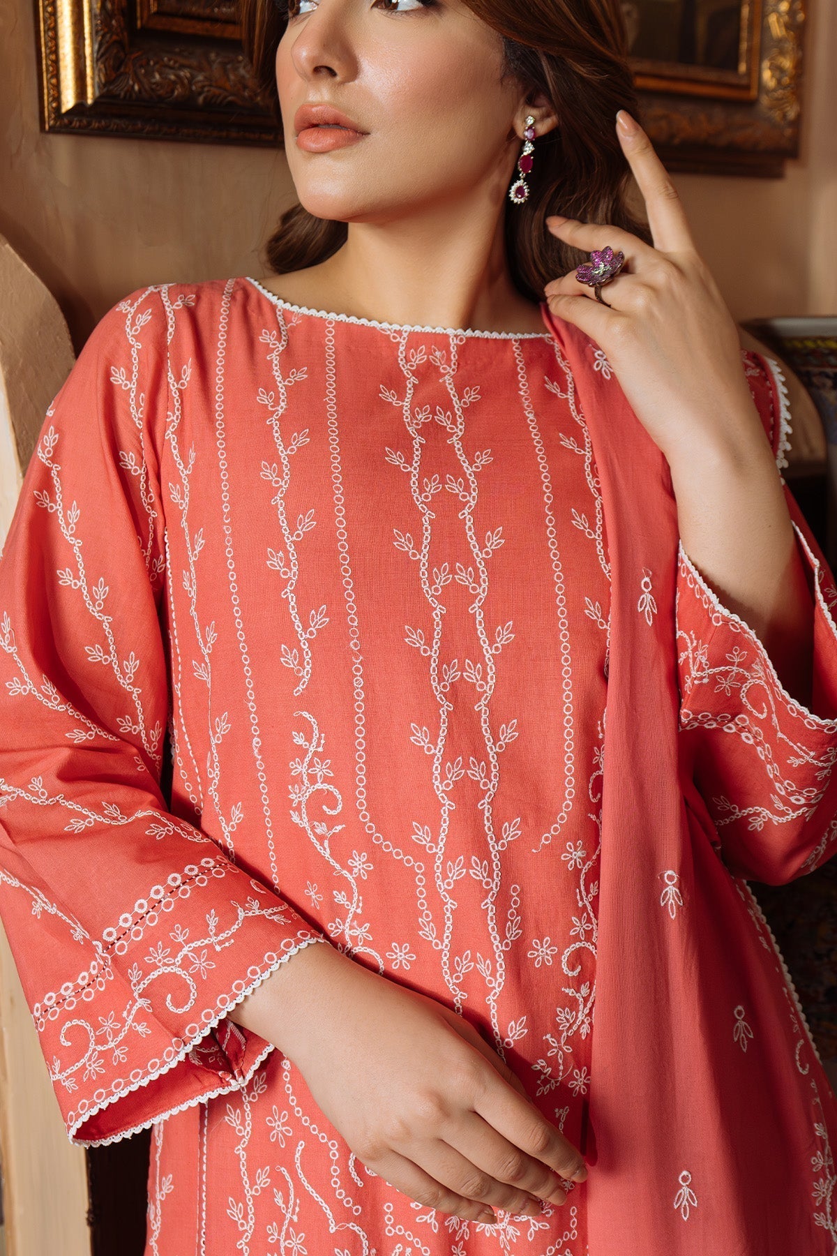 Sahar | Festive Edit Ready to Wear | Gilded Coral - RTW L Coral Lawn