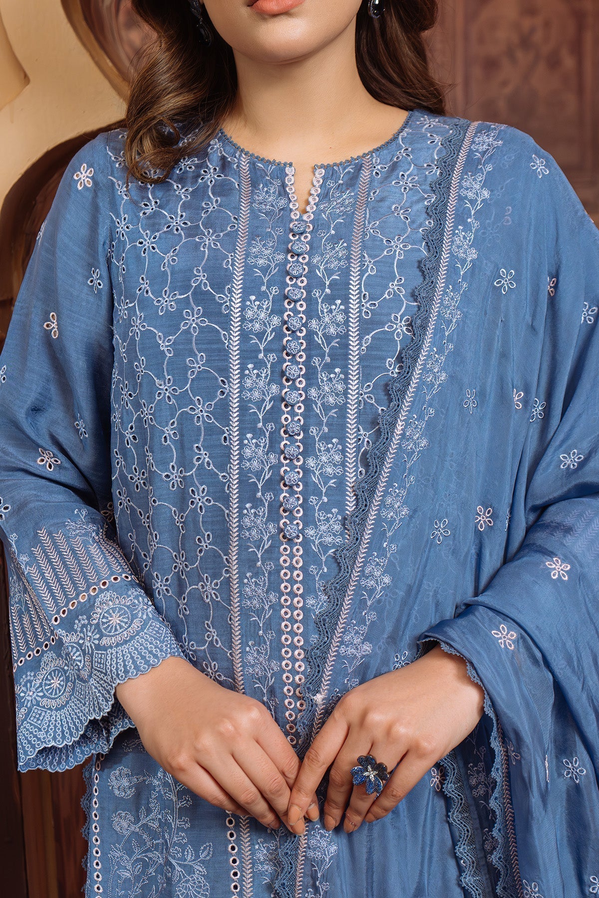 Sahar | Festive Edit Ready to Wear | Lagoon Luxe - RTW L Blue Gray Raw Silk