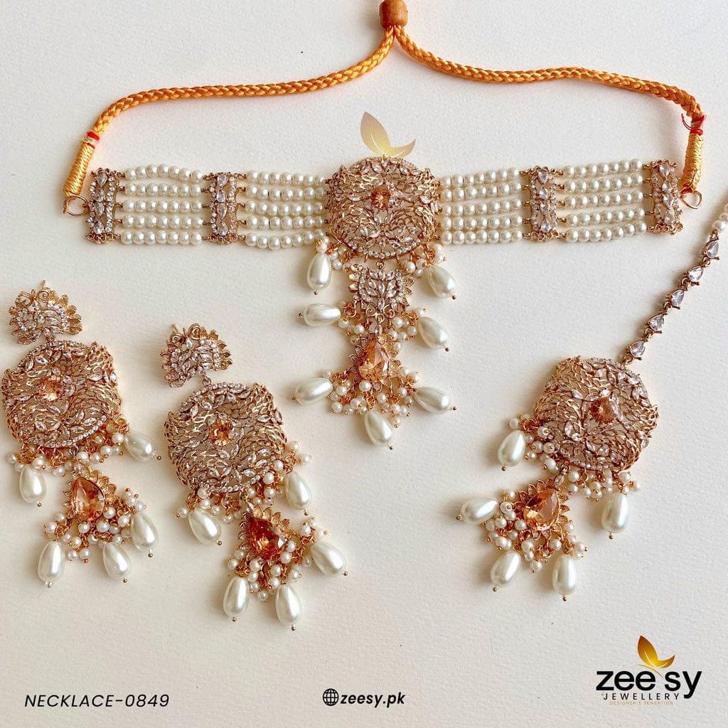 Necklace-0849 Pearl Center Stone Champagne