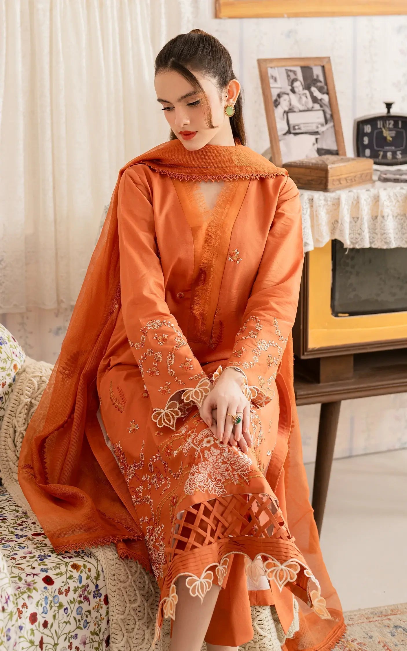 Asifa and Nabeel | Meraki Vintage 25 | Nargis (MVL25-19) Custom Size Orange Lawn