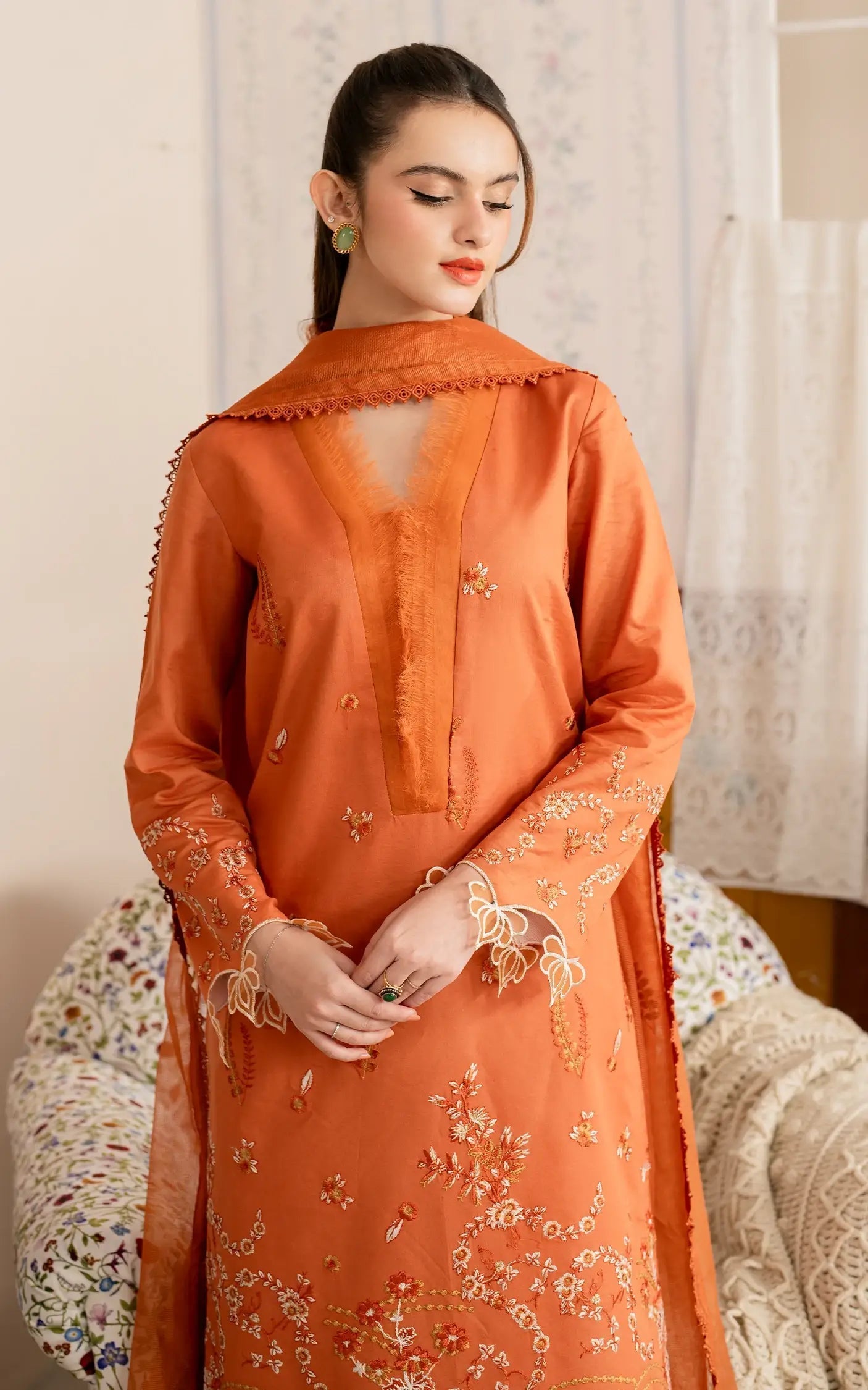 Asifa and Nabeel | Meraki Vintage 25 | Nargis (MVL25-19) XL Orange Lawn