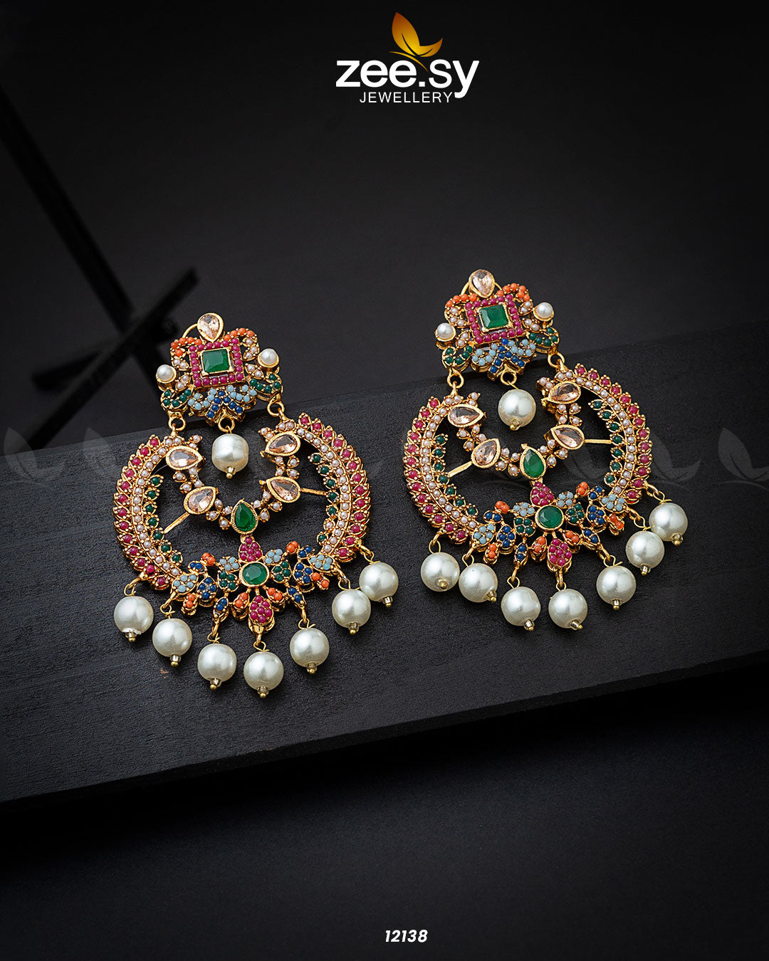 Naurattan Chandbali Earrings Green