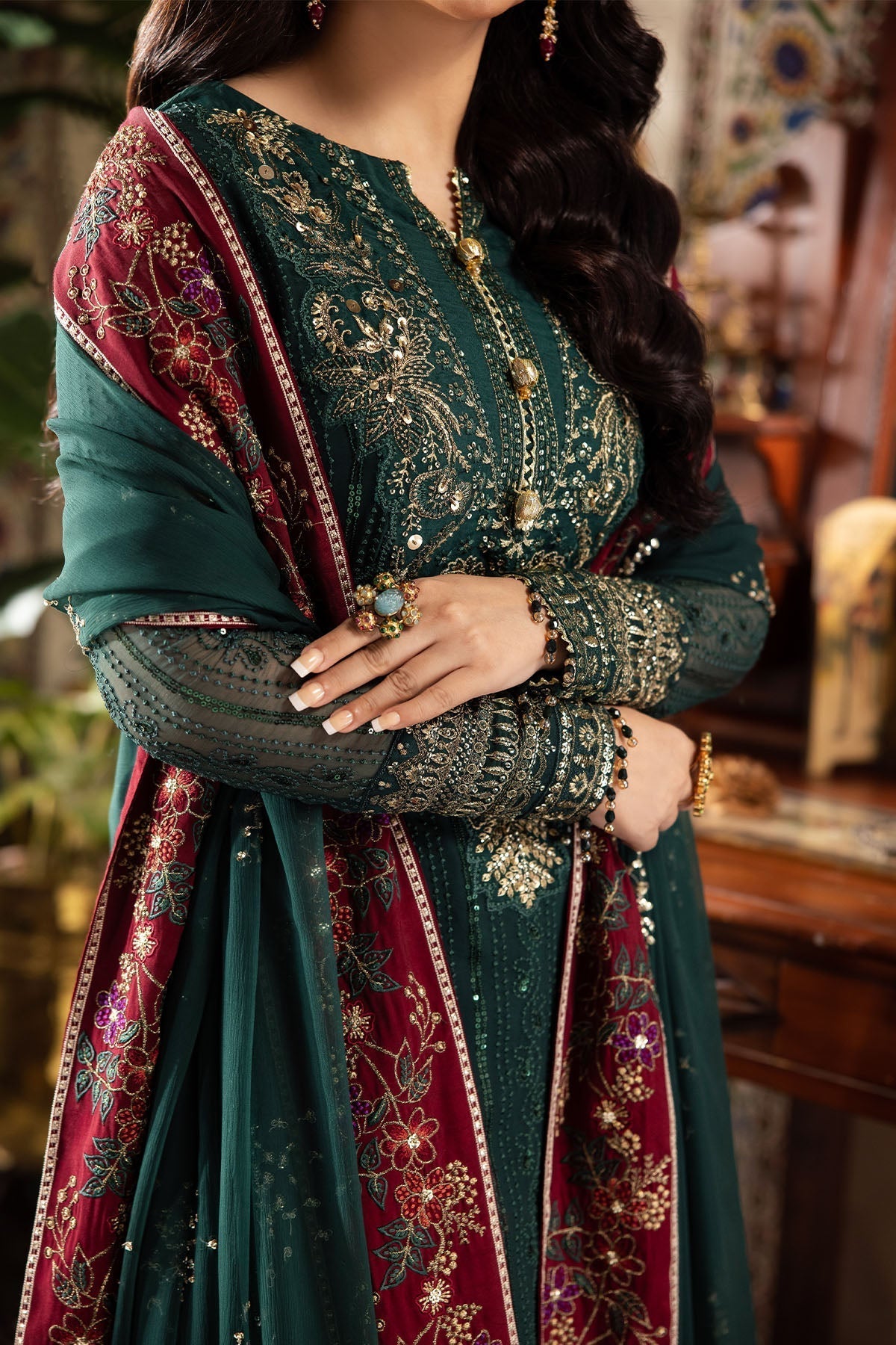 Nureh | Alfaaz Formals | NL-74 MAHROO Custom Size Deep Green Chiffon