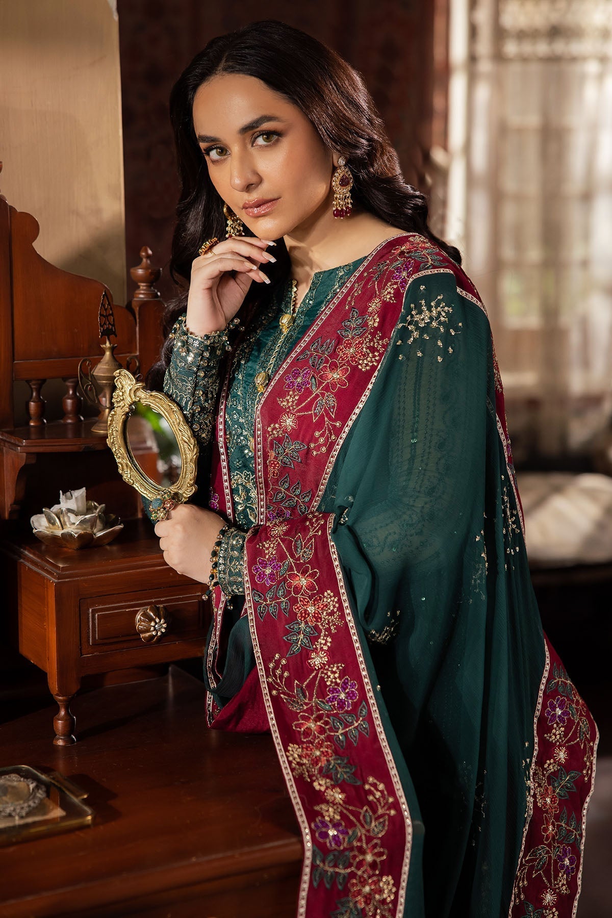 Nureh | Alfaaz Formals | NL-74 MAHROO M Deep Green Chiffon