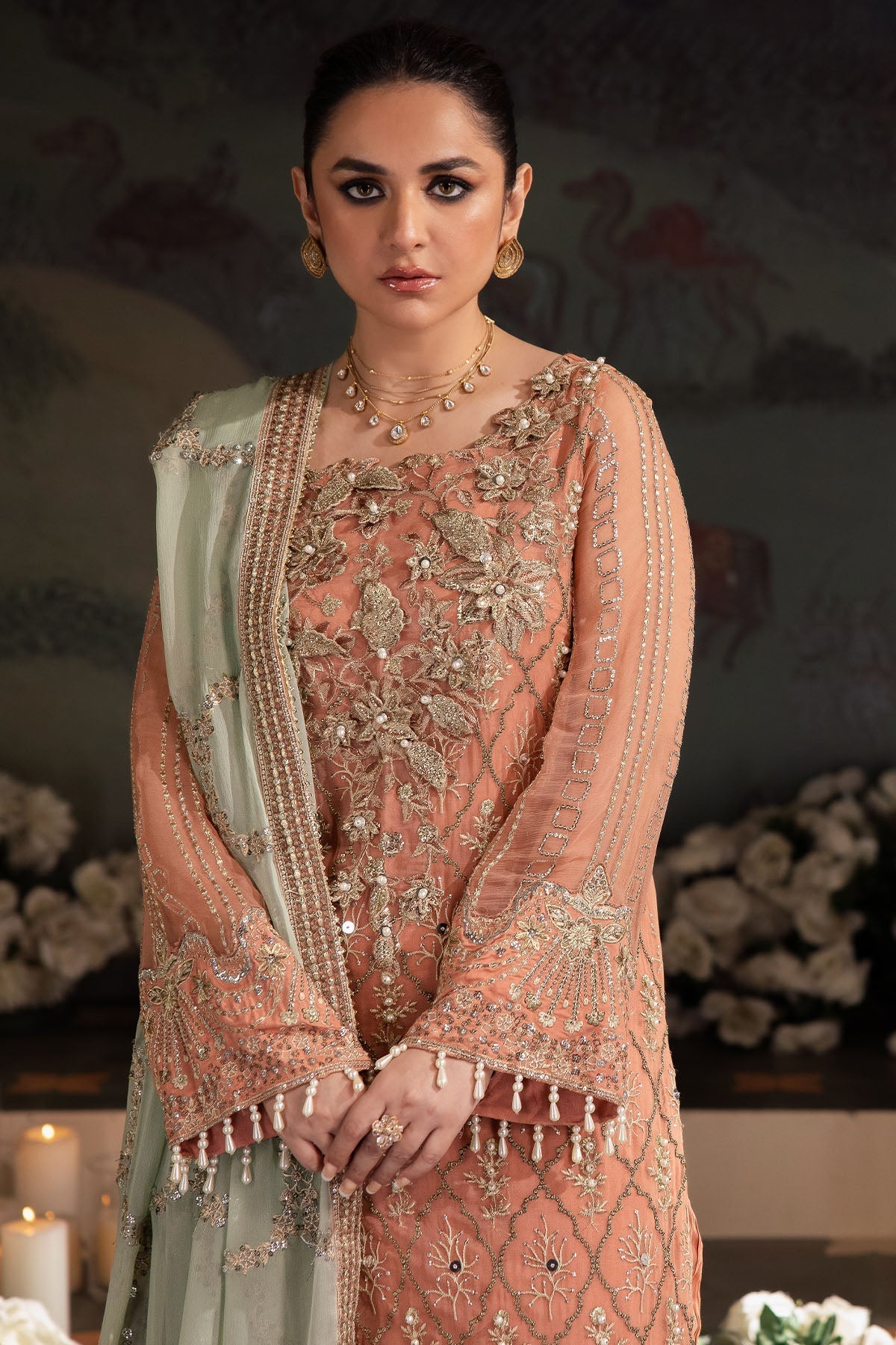 Nureh | Alfaaz Formals | NL-79 MEHAR L Peach Pink Chiffon