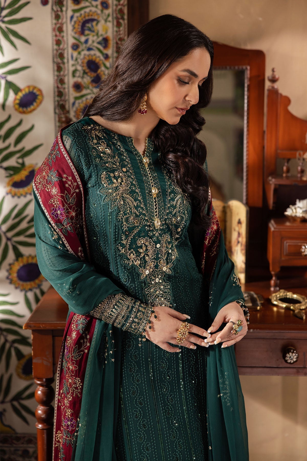 Nureh | Alfaaz Formals | NL-74 MAHROO XL Deep Green Chiffon