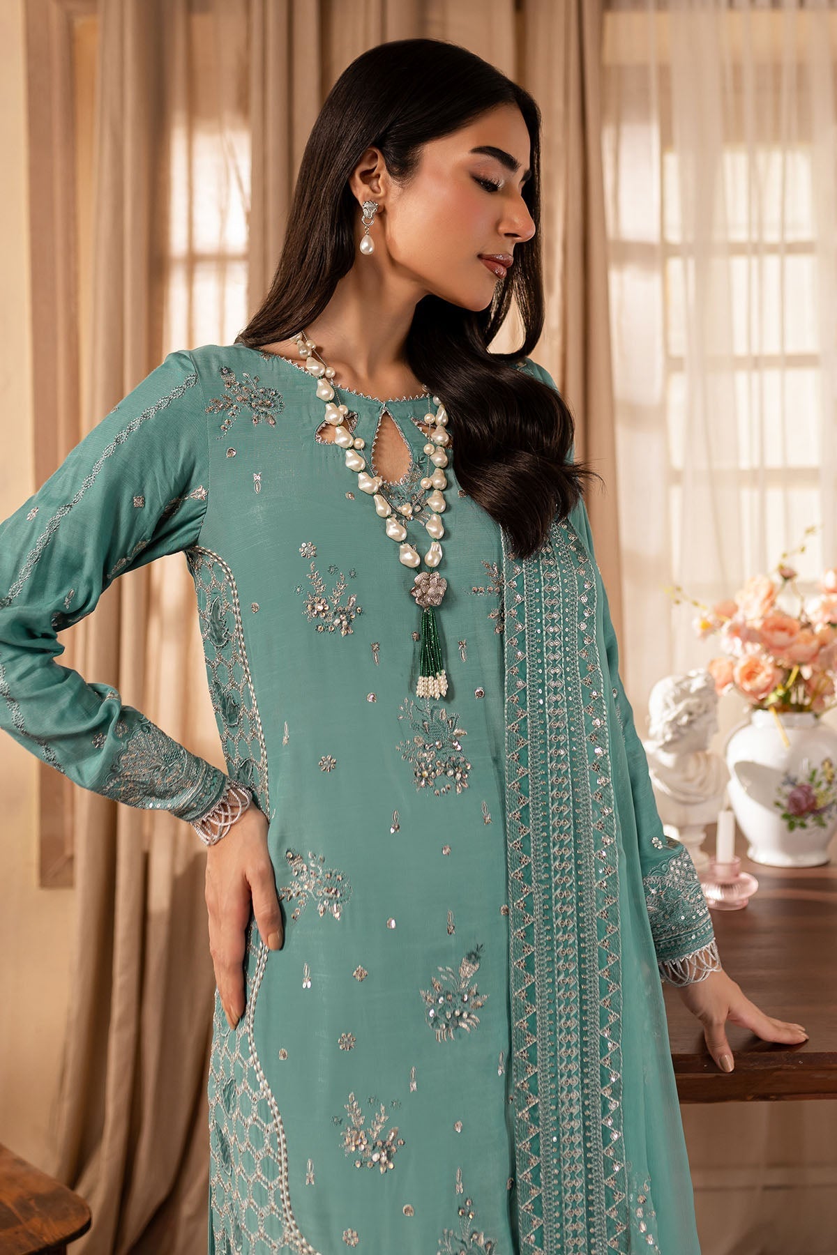 Nureh | Shades of Winter | NP-576 M Jade Green Raw Silk