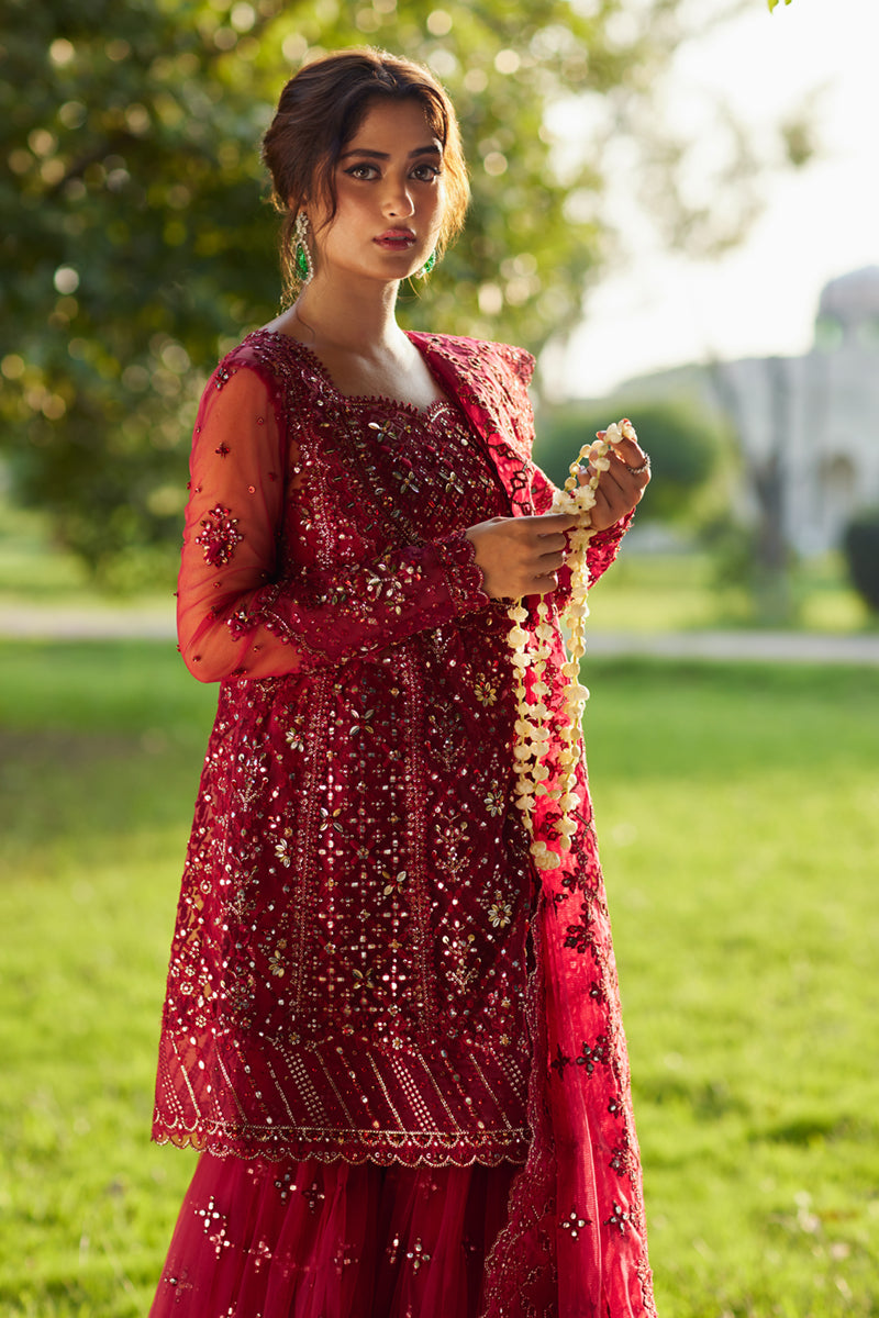 Qalamkar | Shadmani Luxury Formals | Nurah SH-07 Custom Size Haute Red Net