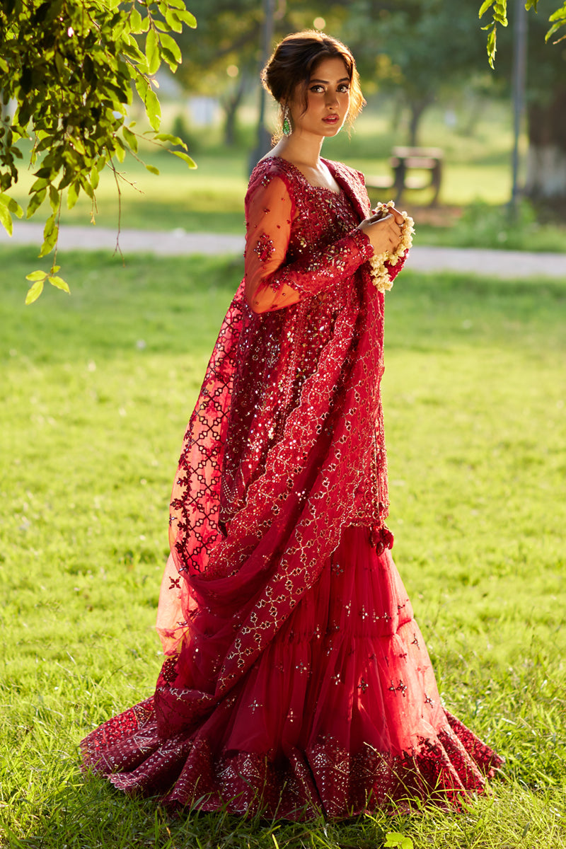 Qalamkar | Shadmani Luxury Formals | Nurah SH-07 XL Haute Red Net