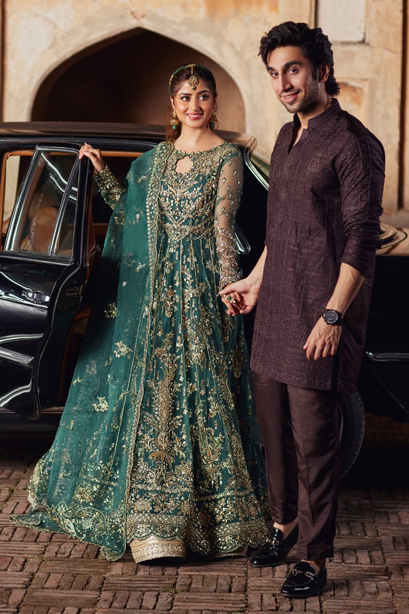 Qalamkar | Shadmani Luxury Formals | Hala SH-06 Custom Size Dark Teal Green Net