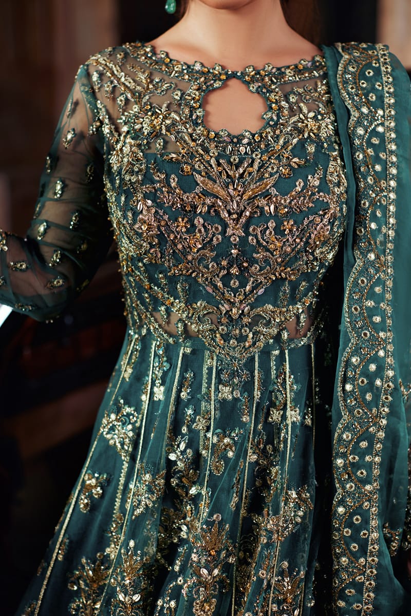 Qalamkar | Shadmani Luxury Formals | Hala SH-06 M Dark Teal Green Net