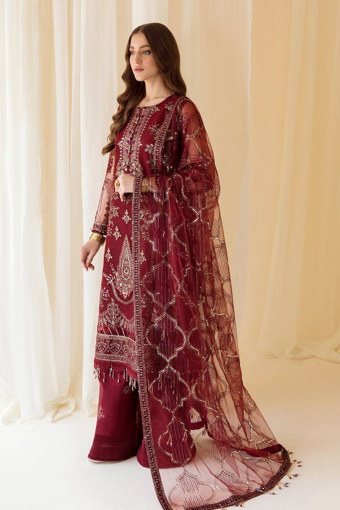 Alizeh | Formals Collection | Embroidered Net Maroon - V14D08 - Raya - Pakistani Designer Dress - by Alizeh | Type: Formal - 100% Original at Saira Sultan