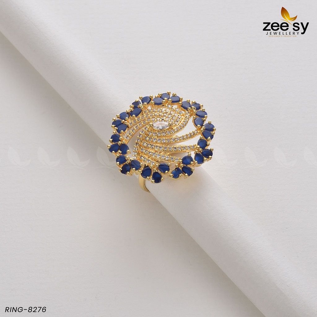 Rhinestone Ring-8276 Golden Blue