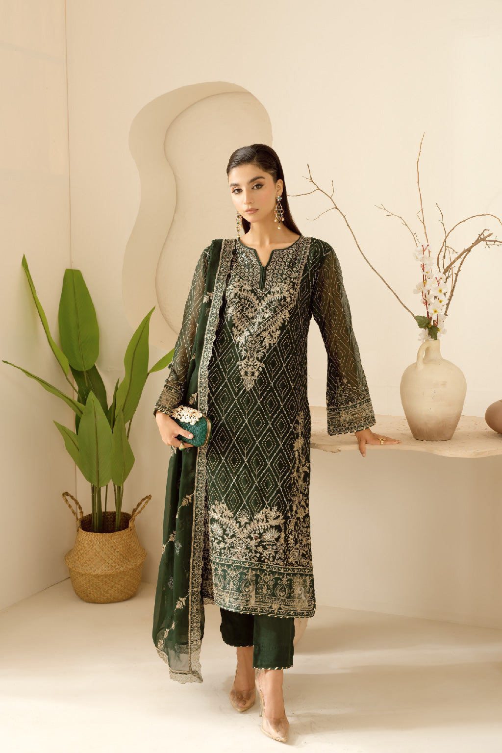 Ramsha | Sonehri Collection | BB-103 XS Deep Olive Green Chiffon