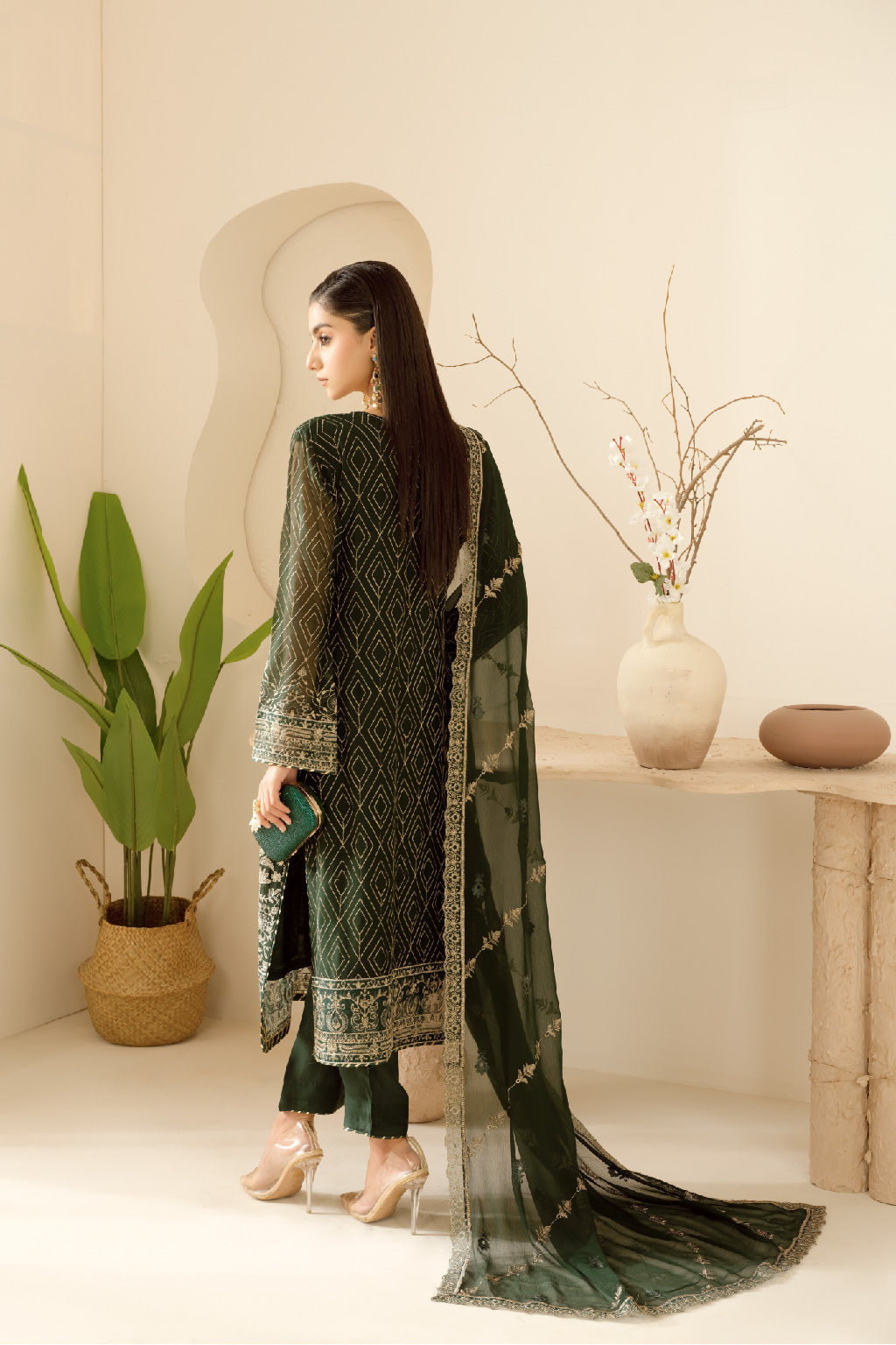 Ramsha | Sonehri Collection | BB-103 S Deep Olive Green Chiffon