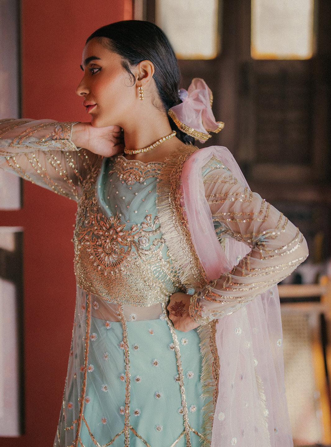 Roheenaz | Pehli Si Muhabbat Wedding Collection | AARZO L Net Pastel Blue