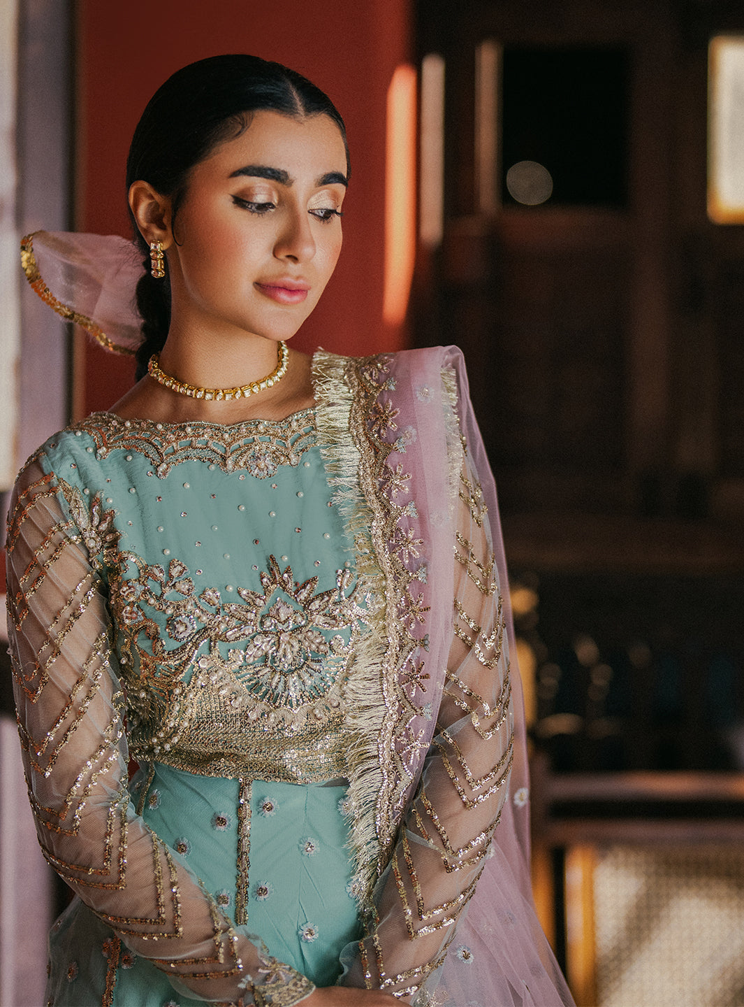Roheenaz | Pehli Si Muhabbat Wedding Collection | AARZO M Net Pastel Blue