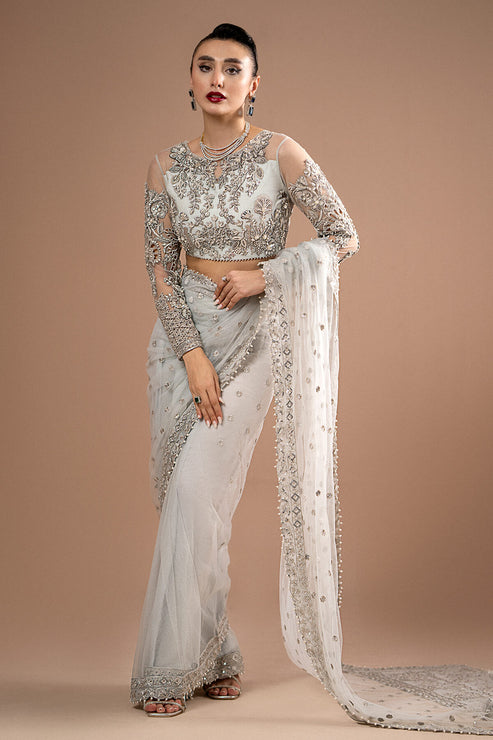 Imrozia Premium | Lumiere Luxury Sarees | 07 Misty Grey - Pakistani Designer Dress - by Imrozia Premium | Type: Formal - 100% Original at Saira Sultan