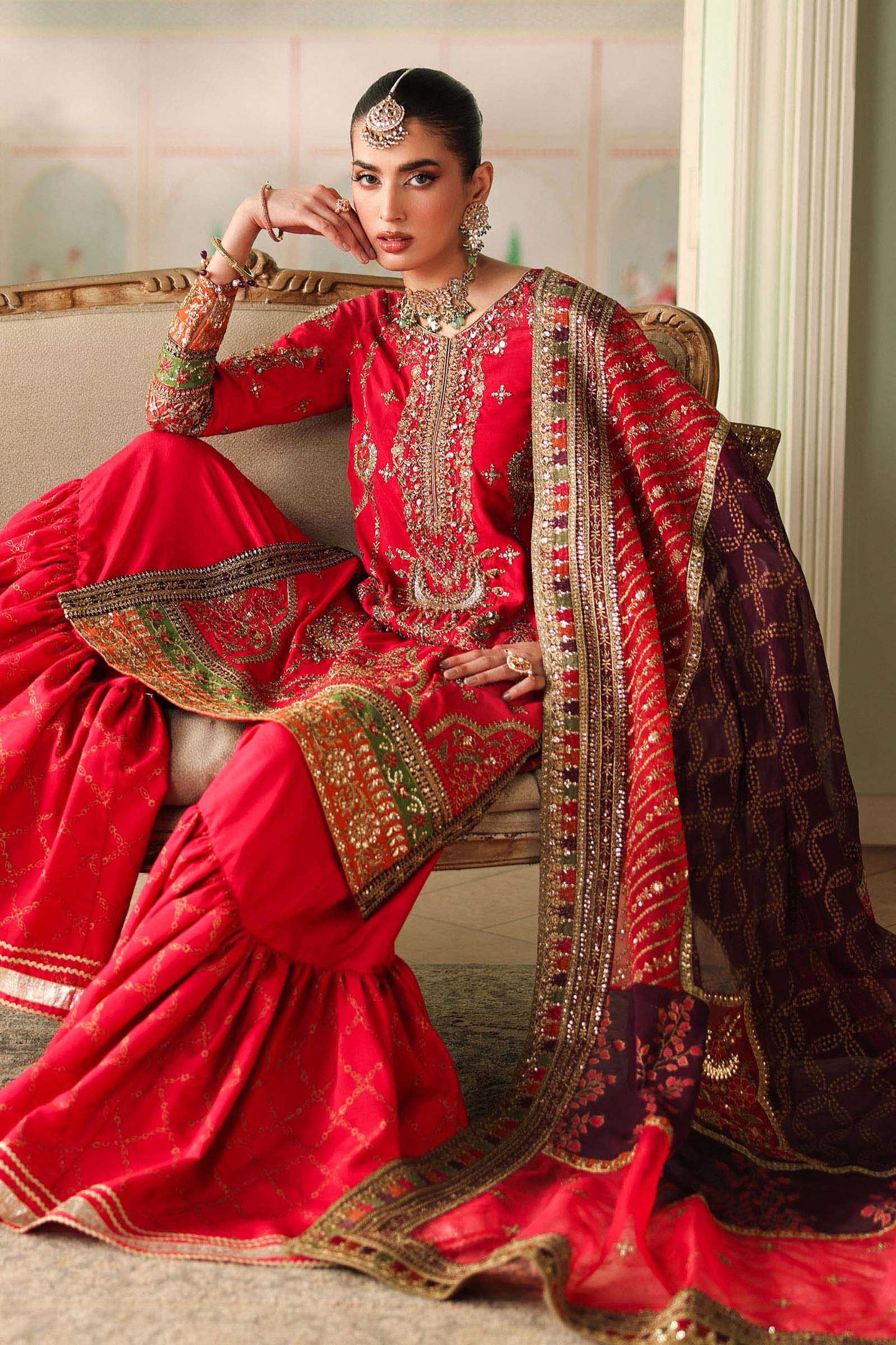 Maria B | Pre Fall Dresses | 3 Piece Embroidered Bamber Raw Silk Suit Carrot Pink - Pakistani Designer Dress - by Maria B - Type : Ladies Clothes - 100% Original at Saira Sultan