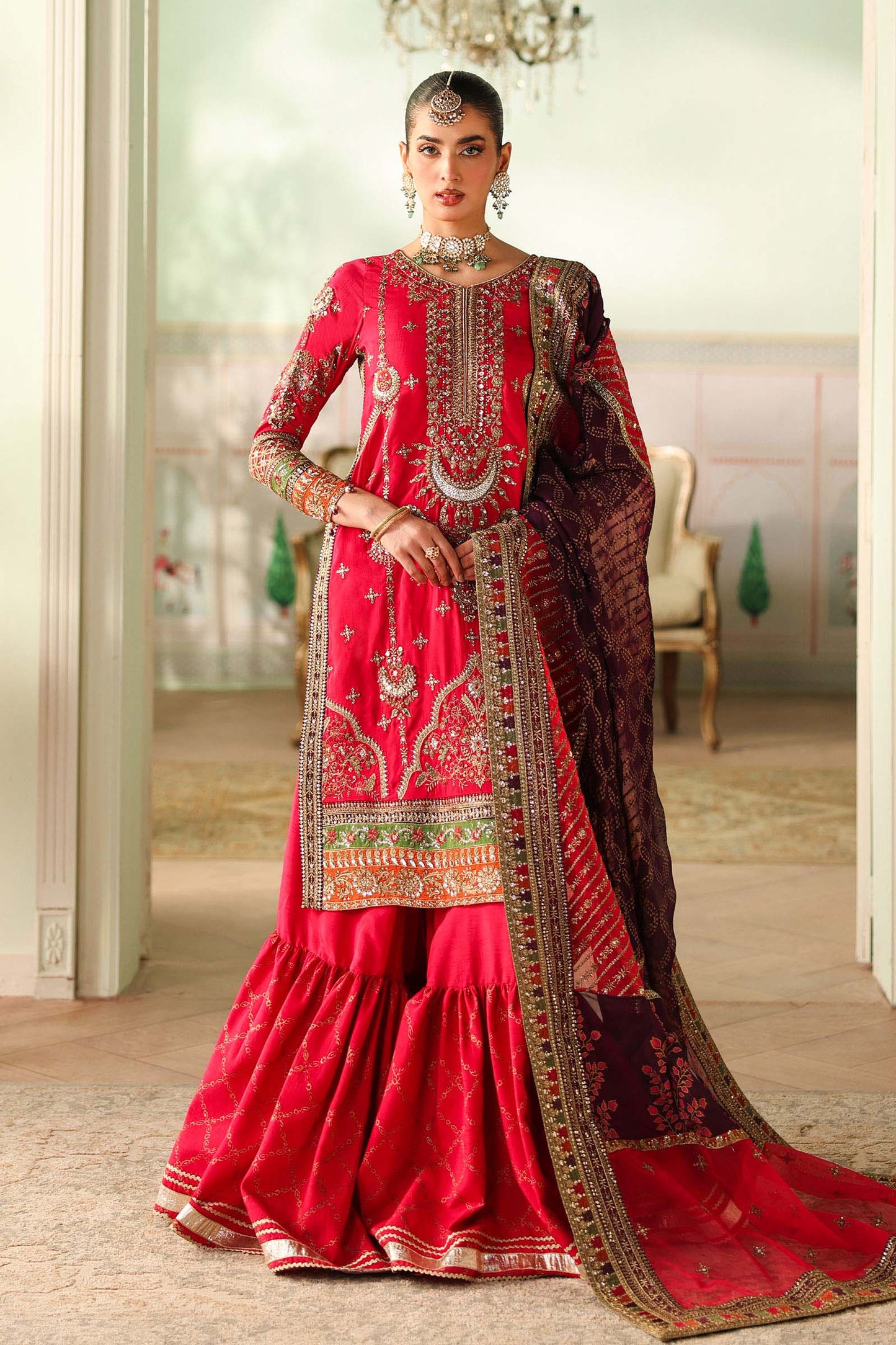 Maria B | Pre Fall Dresses | 3 Piece Embroidered Bamber Raw Silk Suit Carrot Pink - Pakistani Designer Dress - by Maria B - Type : Ladies Clothes - 100% Original at Saira Sultan