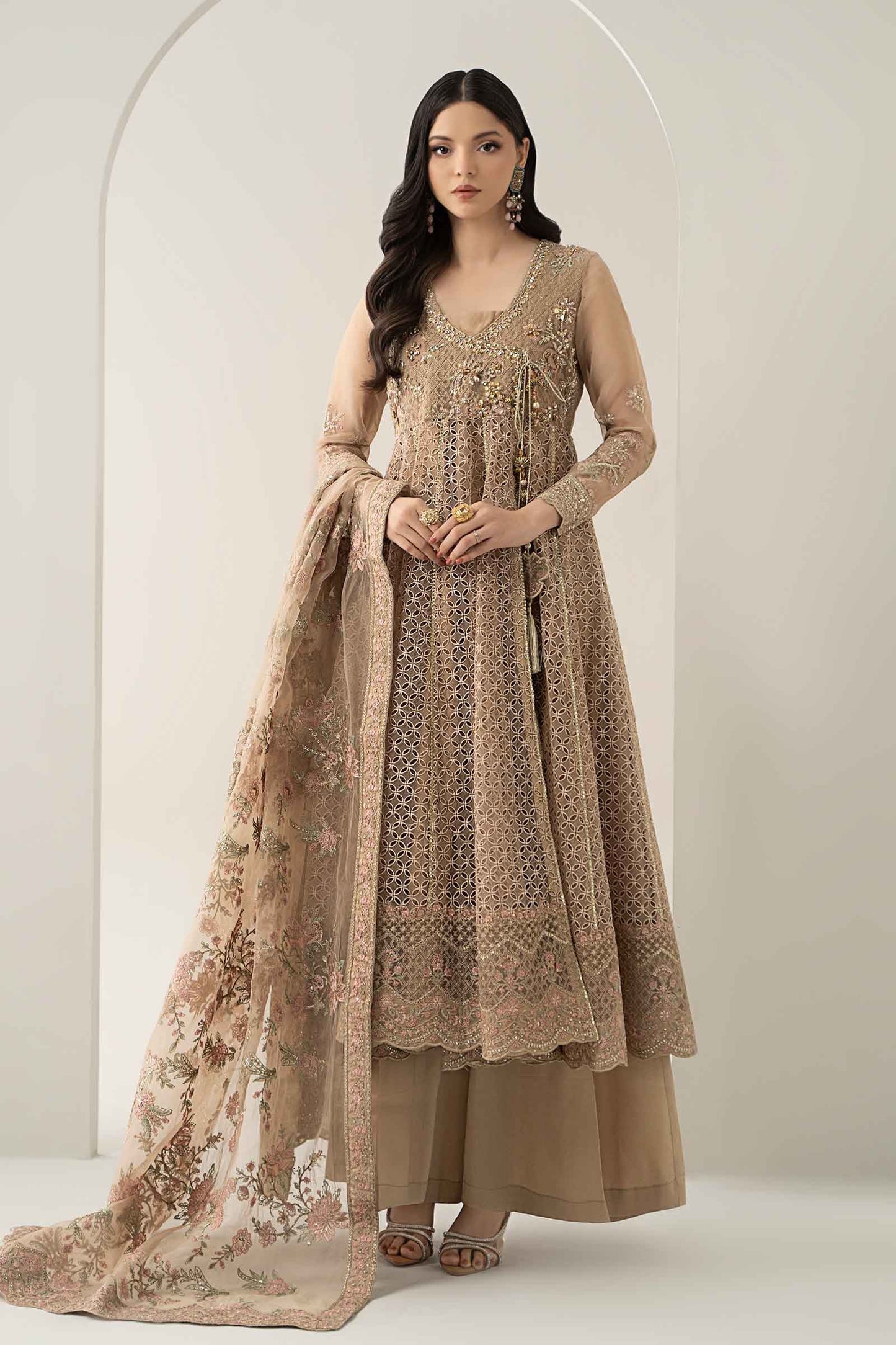 Maria B | Pre Fall Dresses | 3 Piece Embroidered Organza Suit Beige - Pakistani Designer Dress - by Maria B - Type : Ladies Clothes - 100% Original at Saira Sultan
