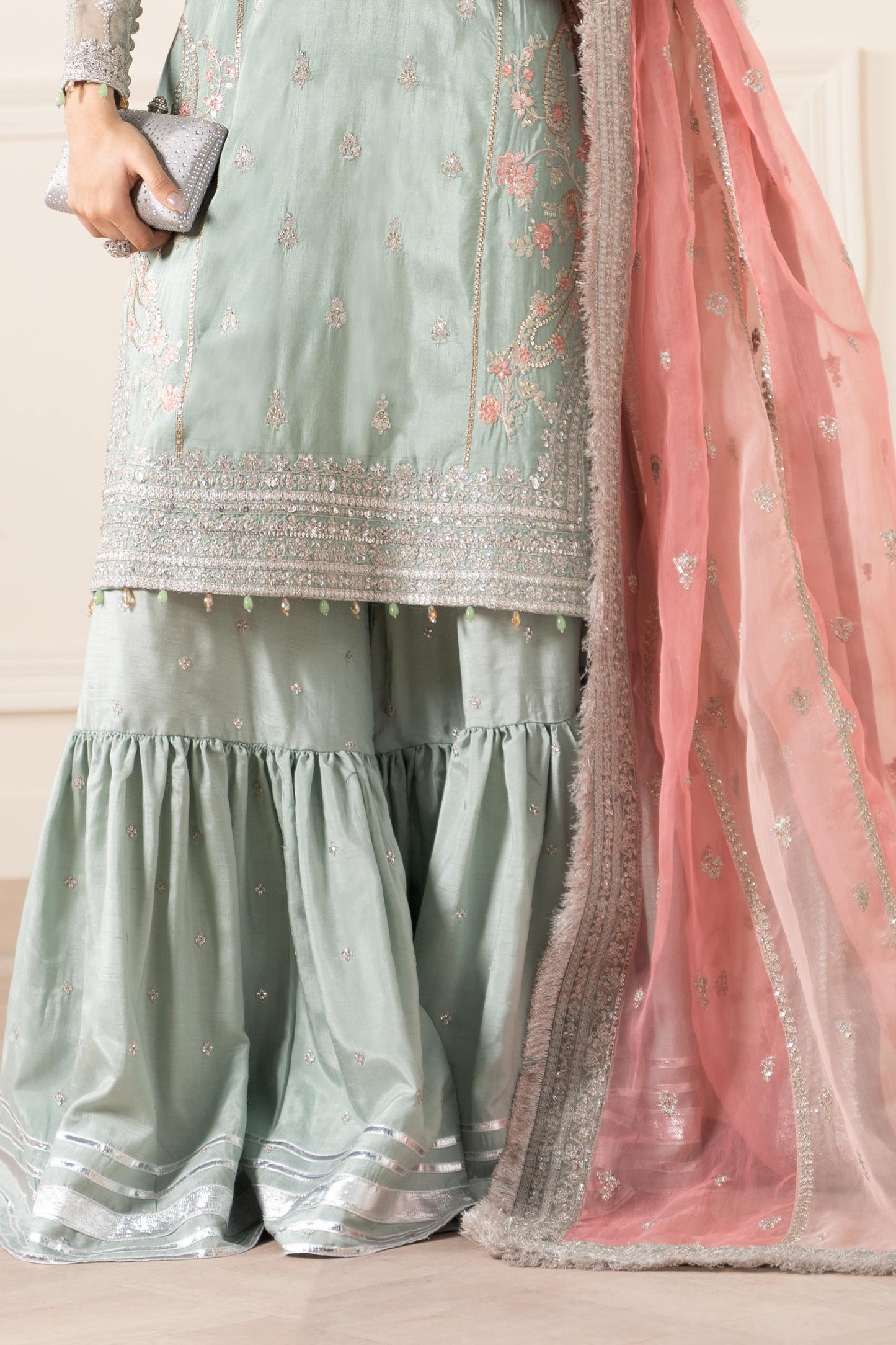 Maria B | Pre Fall Dresses | 3 Piece Embroidered Raw Silk Suit Sea Green - Pakistani Designer Dress - by Maria B - Type : Ladies Clothes - 100% Original at Saira Sultan