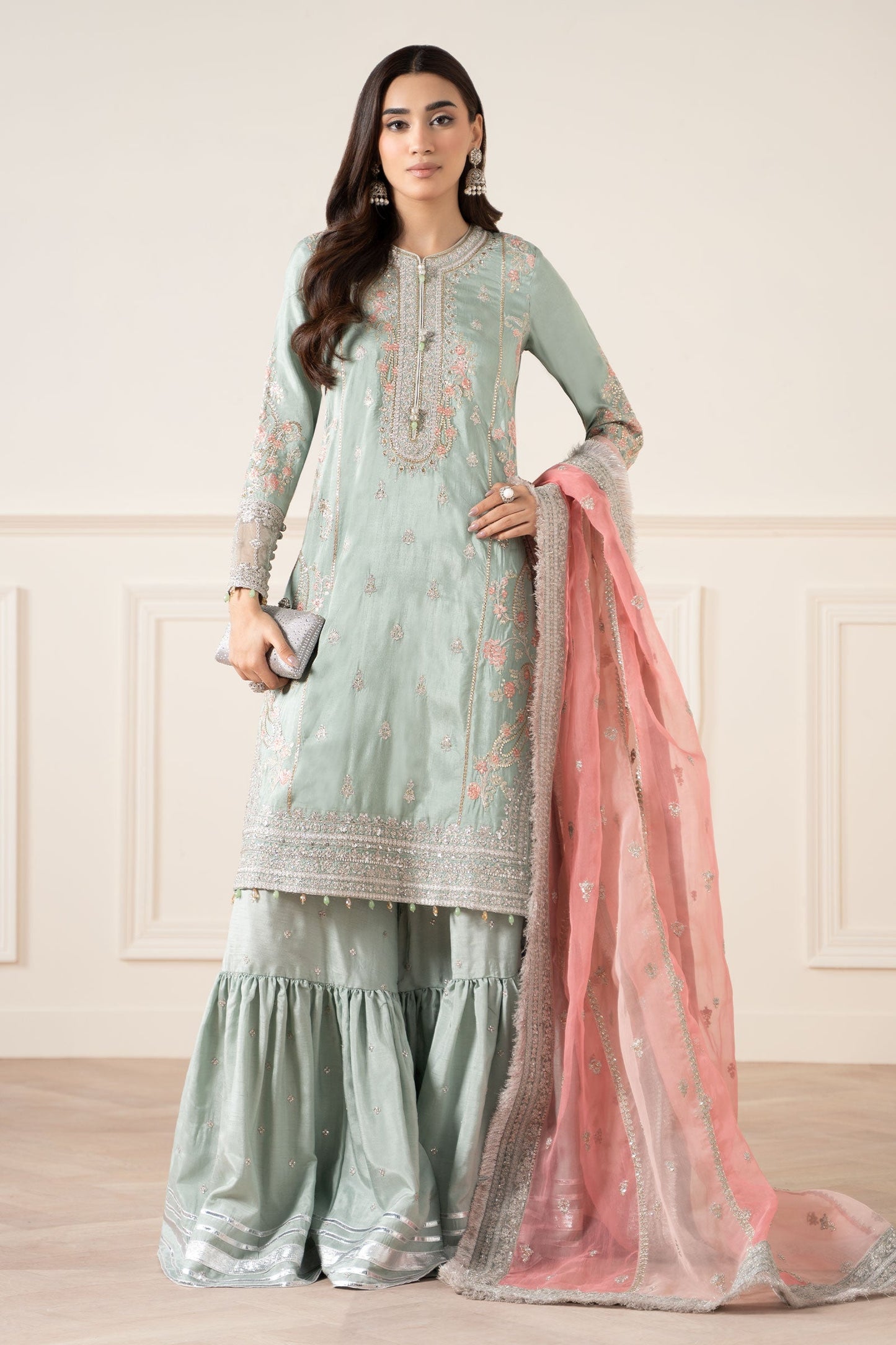 Maria B | Pre Fall Dresses | 3 Piece Embroidered Raw Silk Suit Sea Green - Pakistani Designer Dress - by Maria B - Type : Ladies Clothes - 100% Original at Saira Sultan