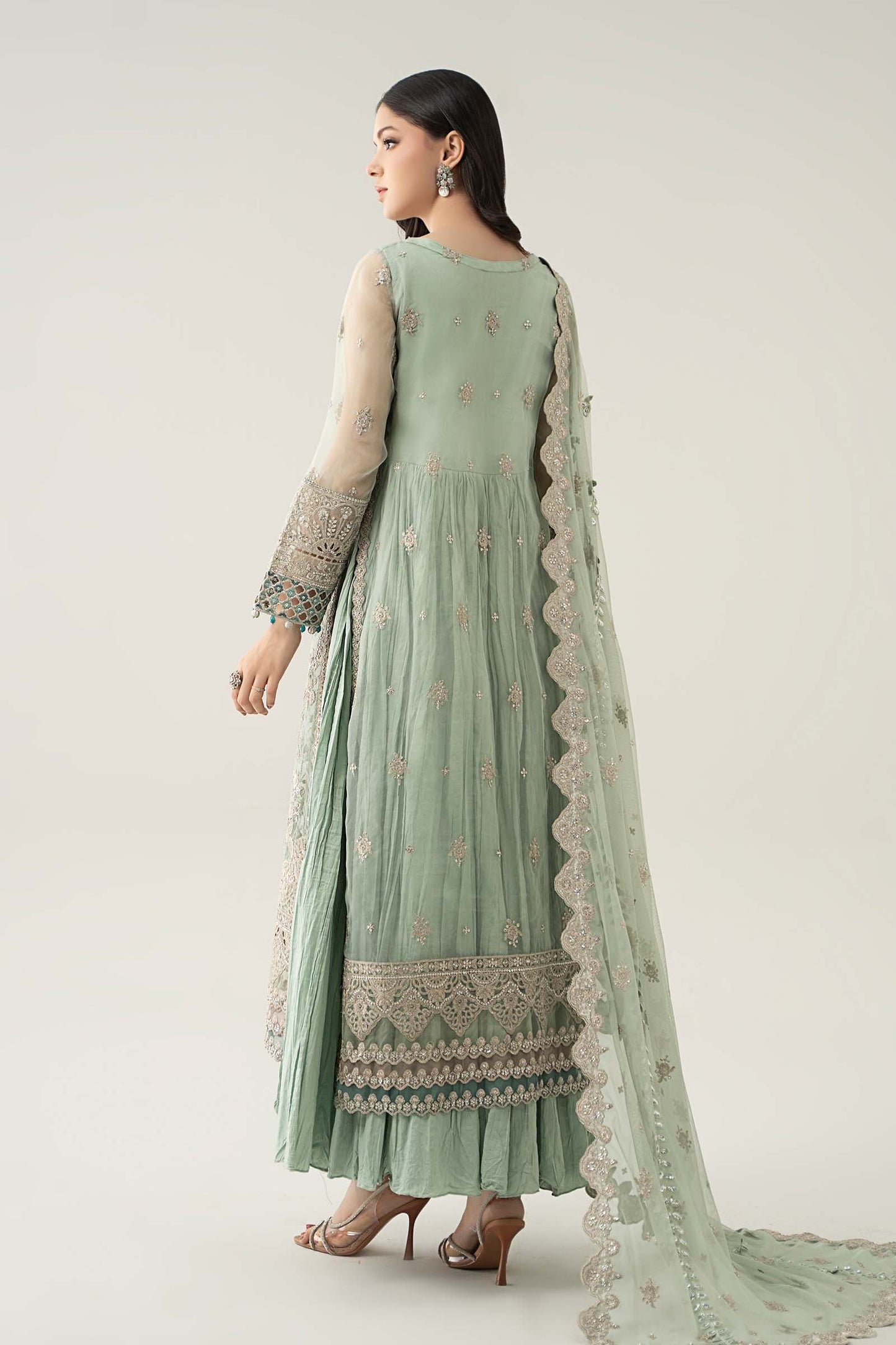 Maria B | Pre Fall Dresses | 3 Piece Embroidered Organza Suit Sea Green - Pakistani Designer Dress - by Maria B - Type : Ladies Clothes - 100% Original at Saira Sultan