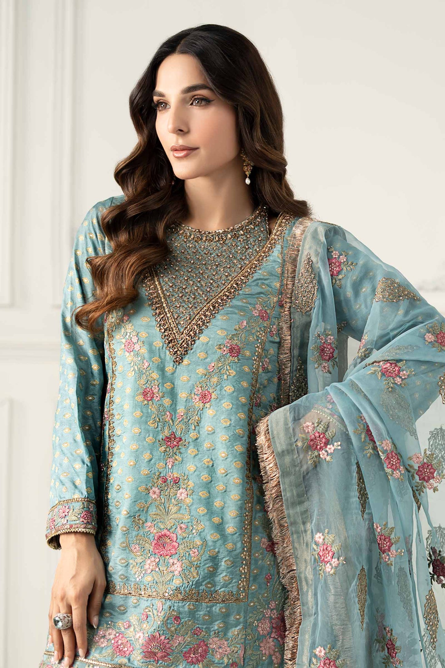 Maria B | Formal Wears | SF-EF25-31 M Aqua Silk Jacquard