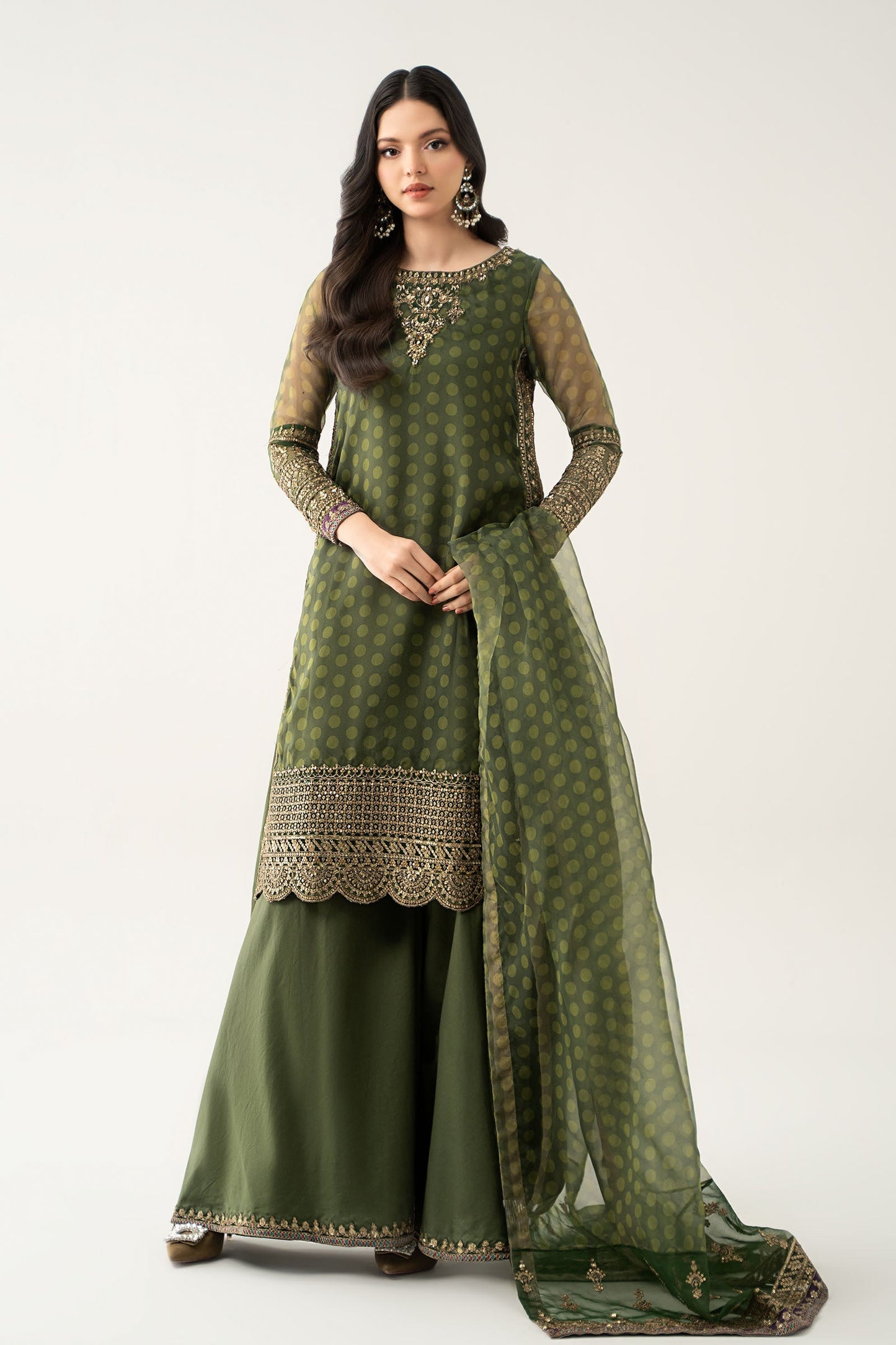 Maria B | Pre Fall Dresses | 3 Piece Embroidered Suit Deep Olive Green - Pakistani Designer Dress - by Maria B - Type : Ladies Clothes - 100% Original at Saira Sultan