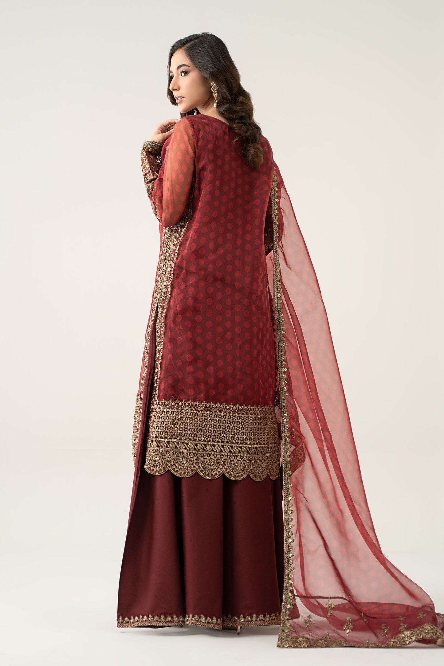 Maria B | Pre Fall Dresses | 3 Piece Embroidered Suit Marron - Pakistani Designer Dress - by Maria B - Type : Ladies Clothes - 100% Original at Saira Sultan