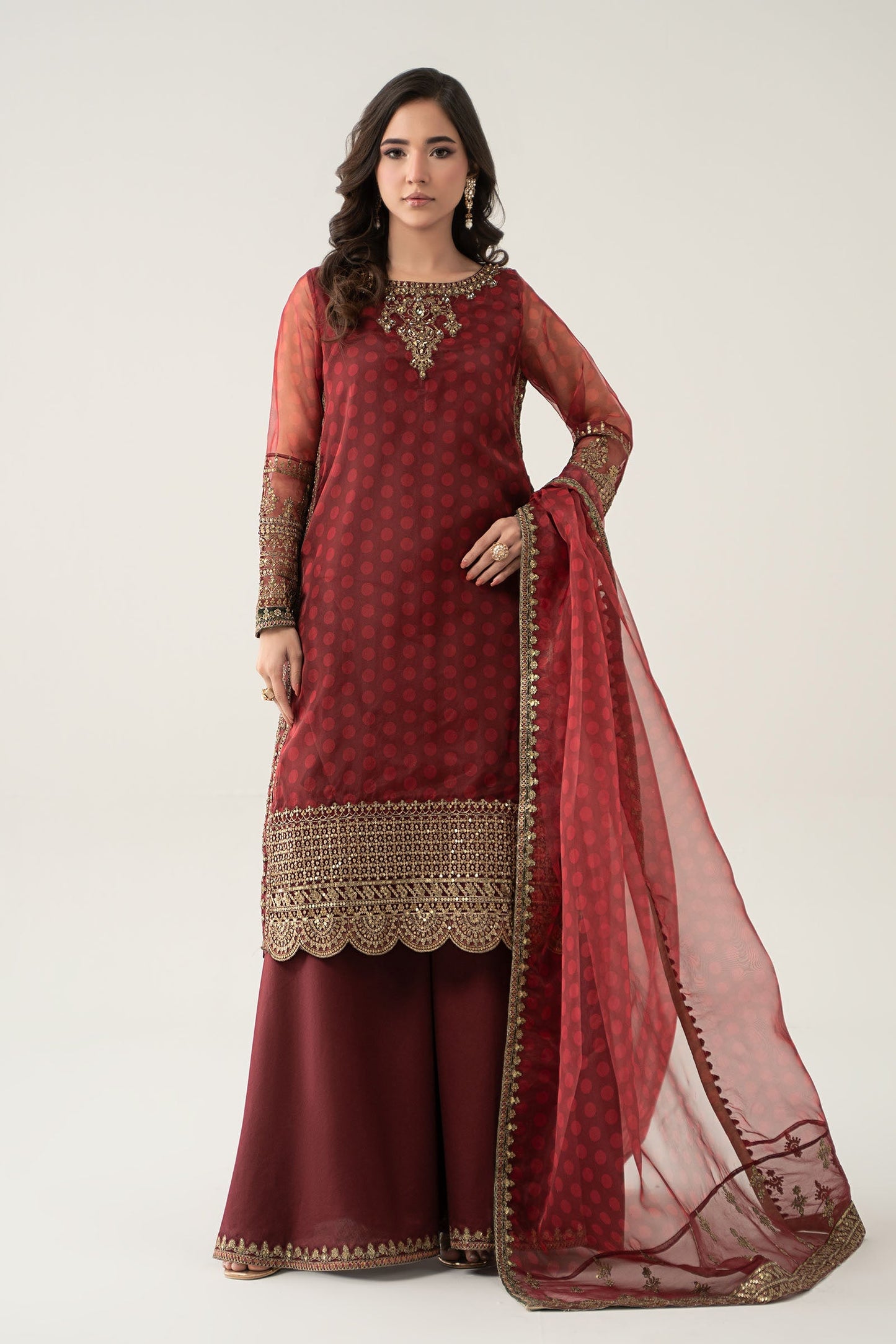Maria B | Pre Fall Dresses | 3 Piece Embroidered Suit Marron - Pakistani Designer Dress - by Maria B - Type : Ladies Clothes - 100% Original at Saira Sultan
